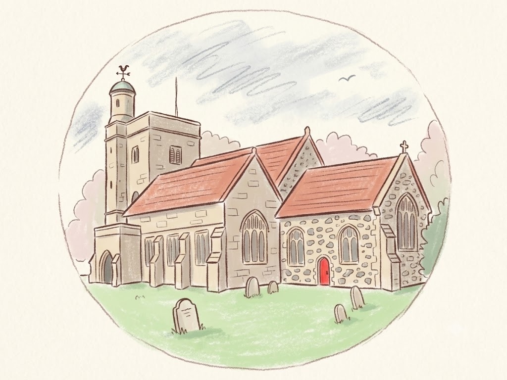 A drawing of St Peter's Church, Bishop's Waltham